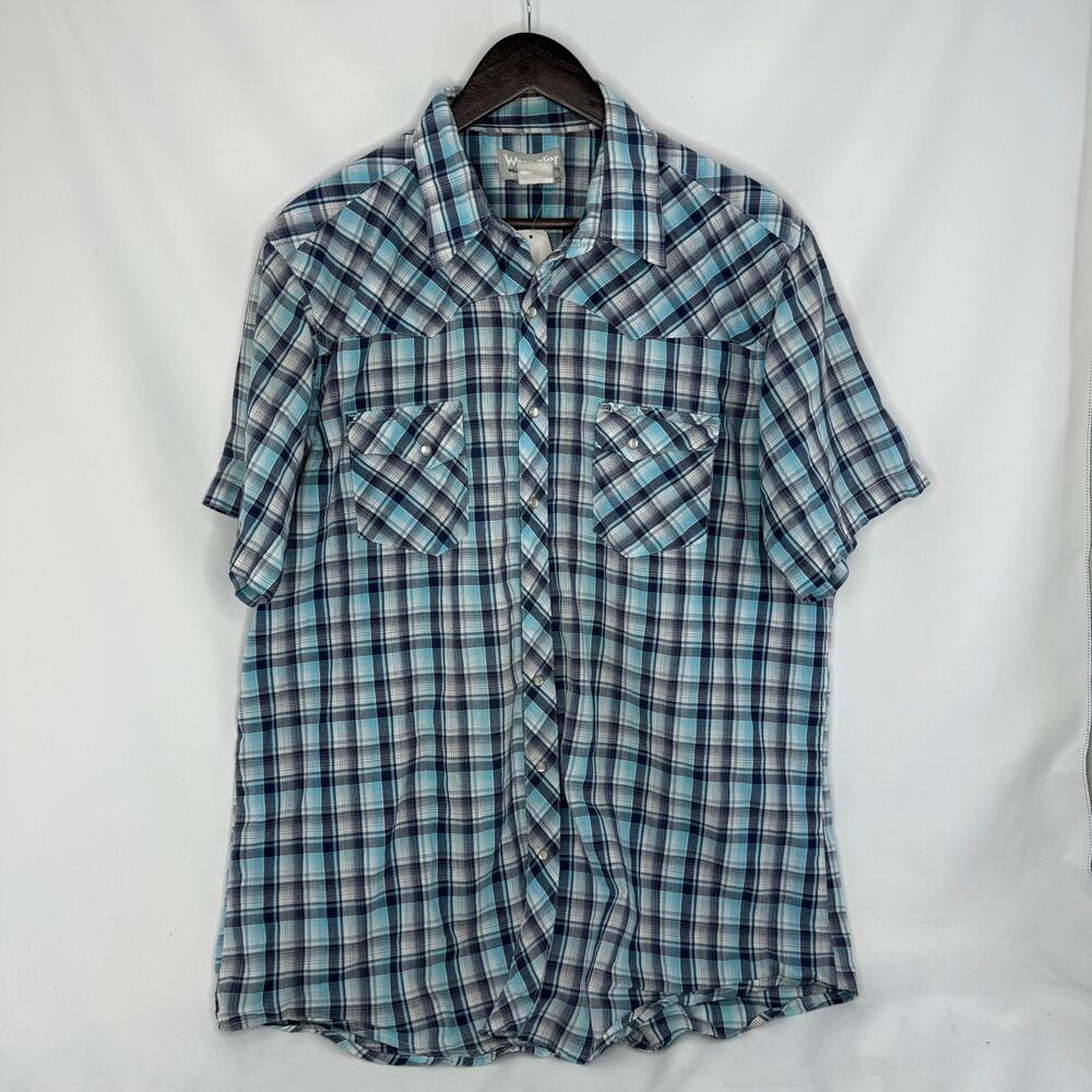 Wrangler Wrancher Mens Pearl Snap Shirt Blue Striped Short Sleeve ~XL Western
